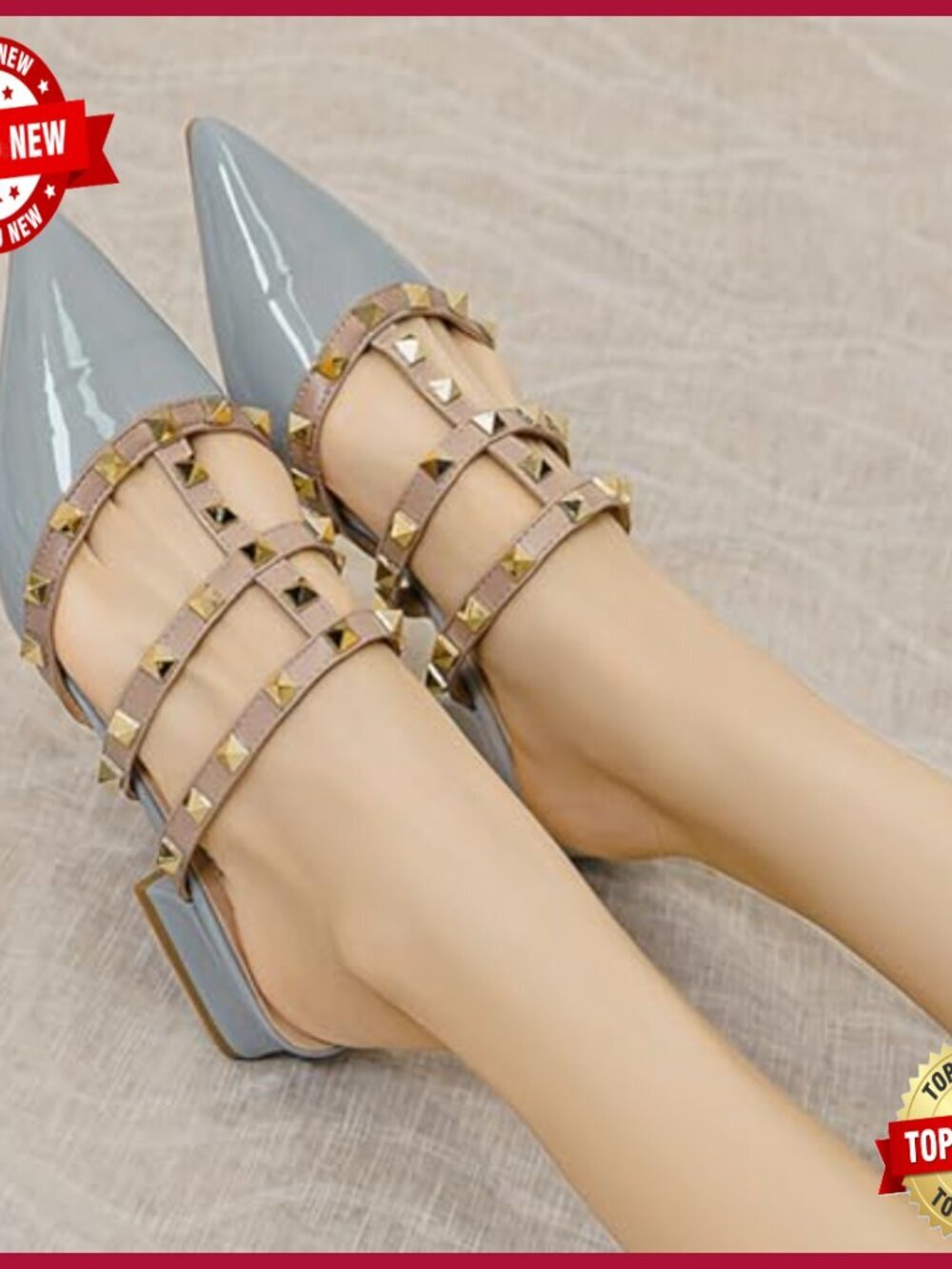 Patent Leather Pointed Toe Heeled Sandals with Rivet Studs Chunky Mid Heel - Picture 5 of 6